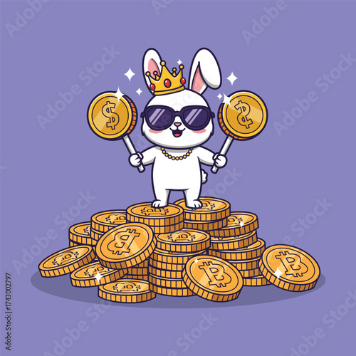 Cute Cartoon Rabbit Wearing Crown and Sunglasses on Bitcoin Treasure . Vector Illustration of Whimsical Crypto Wealth Theme