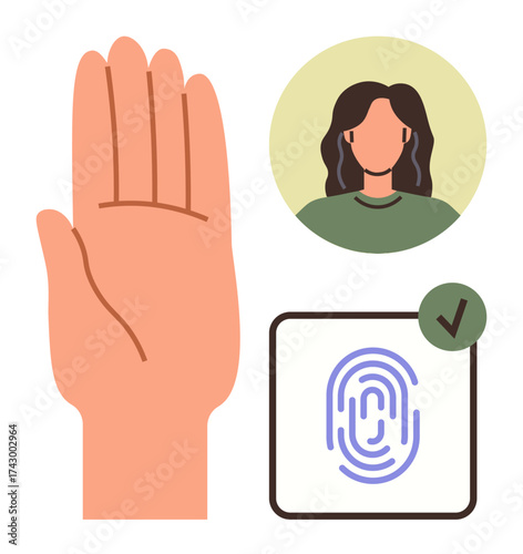 Raised hand, fingerprint sensor with checkmark, and user profile illustration. Ideal for security, identity verification, biometrics, privacy, user authentication, technology simple flat metaphor