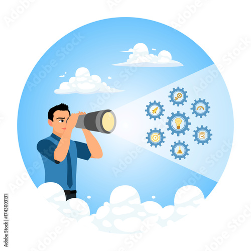 Business people find innovations, ideas and reviews to achieve success.