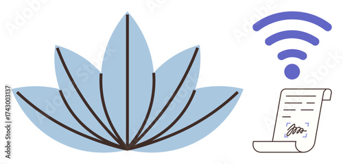 Lotus flower paired with wireless signal and signed document representing mindfulness, digital connectivity, secure agreements, wellness, modern technology, e-signatures, balance. Ideal for themes