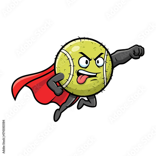 Cartoon Tennis Ball Superhero with Red Cape and Angry Expression Flying