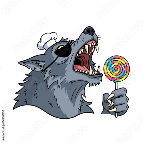 Cartoon Wolf Chef with Eyepatch and Colorful Swirl Lollipop