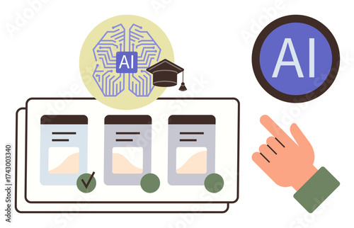 AI brain icon with graduation cap, interactive cards with checkmarks, hand pointer, and AI button. Ideal for education, decision-making, technology, innovation, e-learning automation simple flat