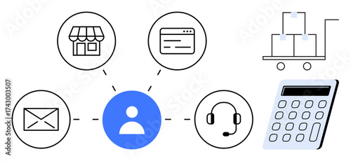 Central figure connected to email, retail, website, headset, shipping box, and calculator. Ideal for customer service, e-commerce, supply chain logistics financial planning multichannel