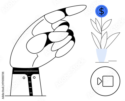 Hand pointing at a potted plant with a highlighted dollar sign, representing financial growth. Video chat icon nearby. Ideal for business, investment, growth, strategy, communication, innovation