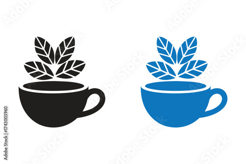 Holiday Coffee Cup Vector art of two stylized cups of tea, one black and one blue, with green leaves emerging from the top