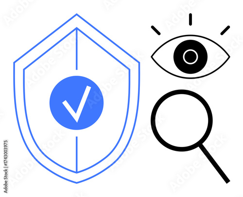 Shield with checkmark, eye, and magnifying glass representing security, verification, surveillance, and scrutiny. Ideal for cybersecurity, privacy, protection analysis authentication safety