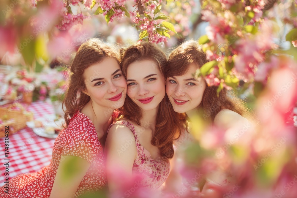 Fototapeta premium Attractive women posing in a blossoming park Stock photo of teenage girls and adults