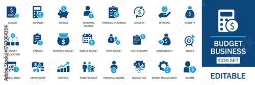 Budget icon set. Featuring expense, money management, cash flow, savings, spending, income, allocation, cost estimate and more. A solid vector icons collection for business and finance use.