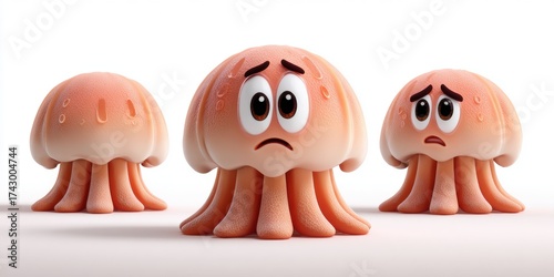 Three cartoon jellyfish stand on a white surface, expressing a somber mood today.