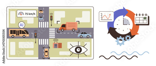 Urban traffic scenario showcasing AI, vehicle navigation, signal optimization, data analysis, dashboard visuals, and time management. Ideal for smart systems, AI, analytics transport efficiency