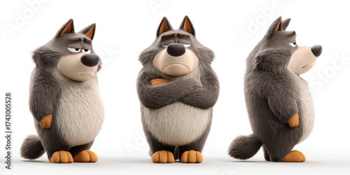 Three cartoon wolves with a grumpy demeanor, standing on a clean white background.