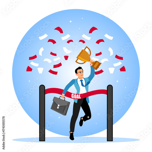 Happy entrepreneurs celebrate success with trophies and confetti.