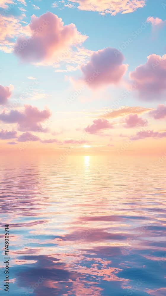 Fototapeta premium Serene Sunset over Calm Ocean Waters Reflecting Pink and Blue Pastel Clouds at Dusk