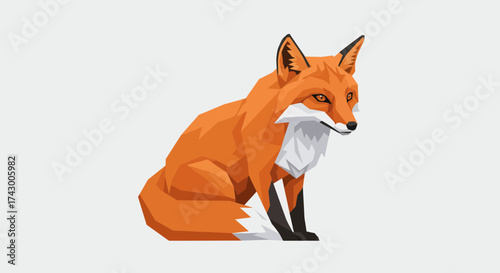 A stylized, low-poly illustration of a red fox sitting gracefully on a plain background.