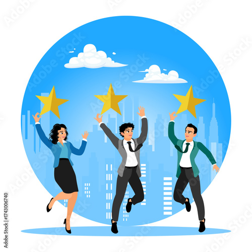 Employee performance appraisal with positive reviews and five stars.