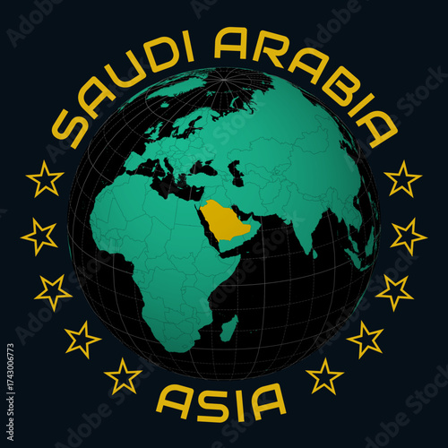 Saudi Arabia on Globe. Round country and continent name text. Country view on world map in Black Emerald color palette. Saudi Arabia shape on map. Elegant vector illustration.