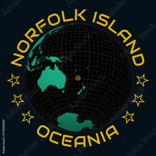 Norfolk Island on Globe. Round country and continent name text. Country view on world map in Black Emerald color palette. Norfolk Island shape on map. Modern vector illustration.