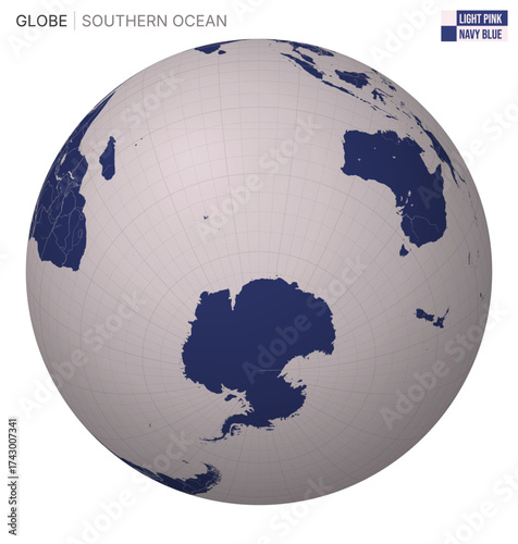 Vector Globe centered to Southern Ocean. Light Pink Navy Blue palette. World map with meridians, parallels, countries, rivers and lakes. Stylish vector illustration.