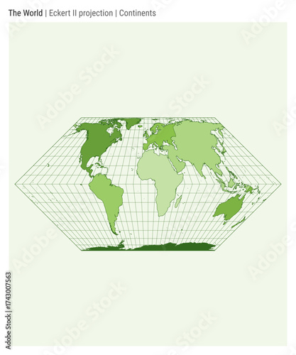 World Map. Eckert II projection. Continents style. High Detail World map for infographics, education, reports, presentations. Vector illustration.