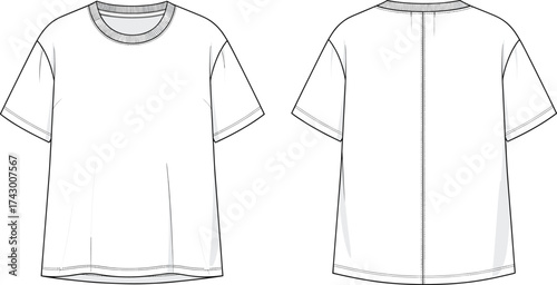 Basic T‑shirt flat sketch, vector fashion illustration, CAD garment drawing, short sleeve crewneck, straight hem, center back seam apparel design