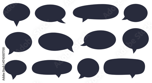 A grid of twelve dark speech bubble shapes of varying sizes and orientations