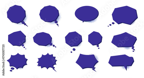 A set of 12 cartoon speech bubbles in various shapes and sizes all colored in dark blue with dotted shadows