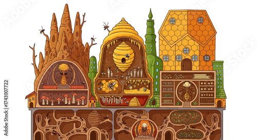Detailed Illustration of an Ant Colony and its Habitat.