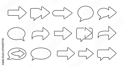 An array of 15 outlined graphic arrows and speech bubbles in black on a white background