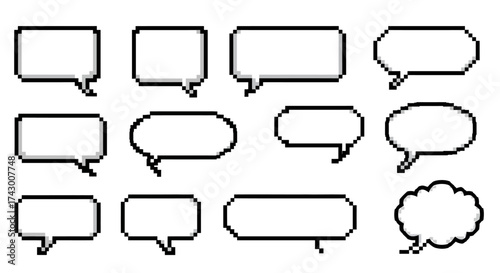 An array of twelve distinct speech bubbles pixelated in white and outlined in black with varying shapes and sizes