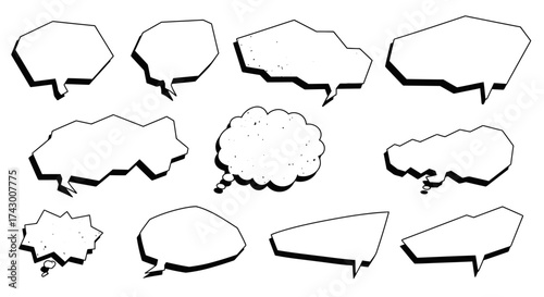 Blackandwhite image features a collection of various speech bubbles with dark shadowed outlines