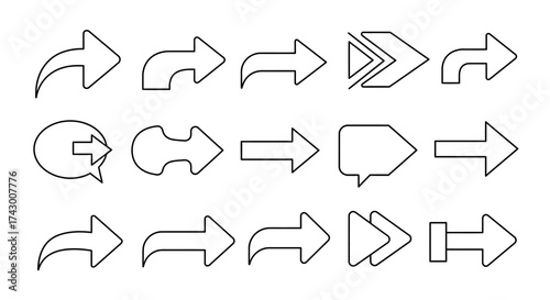 Assorted outline arrow icons in a grid pattern pointing right with various shapes
