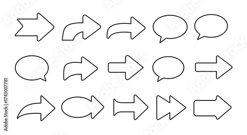Black outlines of fifteen direction arrows and speech bubbles arranged in three rows on a white background