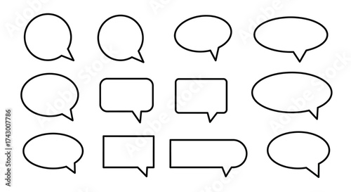 Collection of 12 speech bubbles in various shapes and orientations all outlined in black