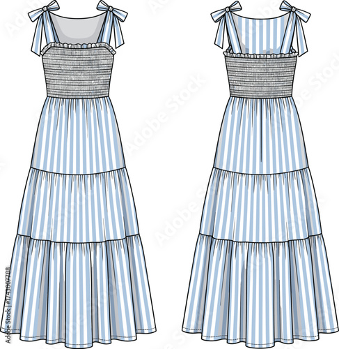 Tiered sundress flat sketch, vector fashion illustration, smocked bodice dress, shoulder tie straps, striped skirt design, summer apparel CAD template