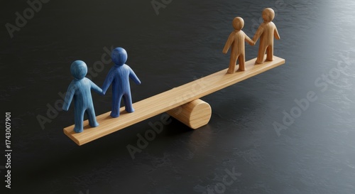 Wooden figures on a seesaw balancing in studio lighting