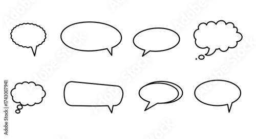 Eight black  white speech bubbles of varying styles are arranged in two rows