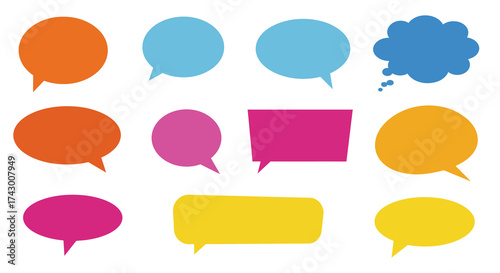 Eleven colorful chat bubbles and one cloud bubble floating in a white space