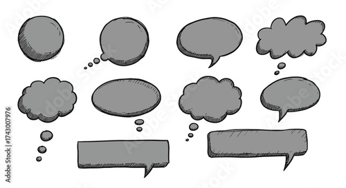 Eleven gray handdrawn speech bubbles in various shapes like circles clouds and rectangles with sketchy outlines