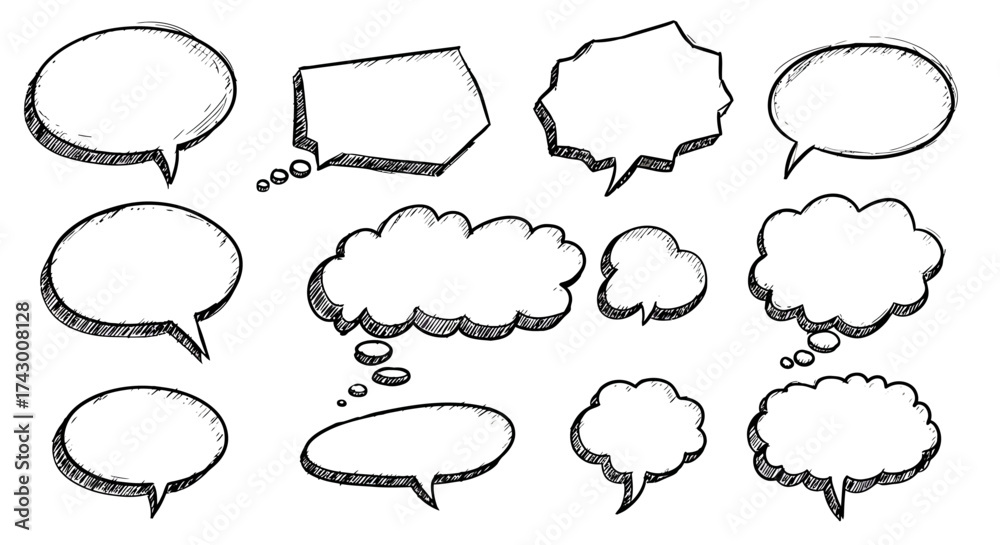 Obraz premium Handdrawn speechthought bubbles in various shapes outlined in black with a sketched effect set against a white background
