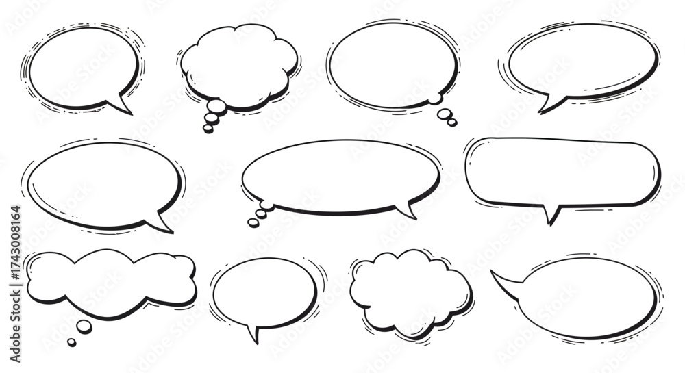 Fototapeta premium Multiple outlined speech bubbles of varying shapes typical of comic book or cartoon styles arranged on a white background