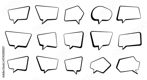 Image displays an array of white speech bubbles with thick black outlines arranged in a rectangular grid