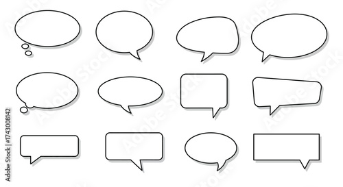 Image displays twelve speech bubbles diverse in shape and orientation with thin black outlines and subtle drop shadows on a white background