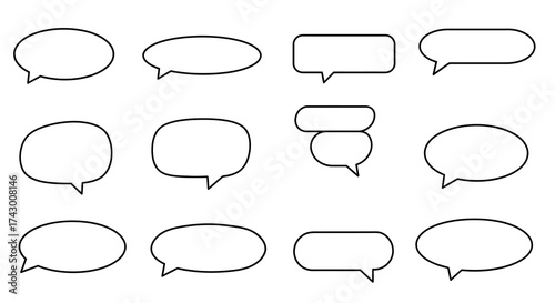 Line drawing of 12 speech bubbles in different shapes ovals rectangles joined bubbles all with a triangular tail