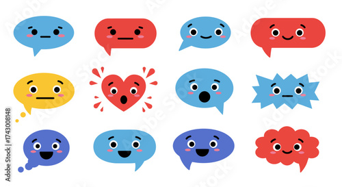 Image showcases twelve colorful cartoon speech bubbles each displaying different facial expressions