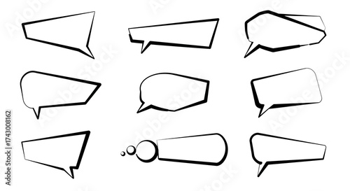Nine blackoutlined speech bubbles varied shapes and orientations isolated on a white backdrop