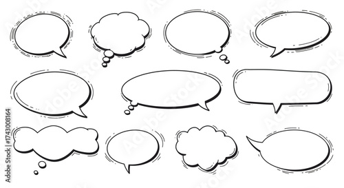 Multiple outlined speech bubbles of varying shapes typical of comic book or cartoon styles arranged on a white background