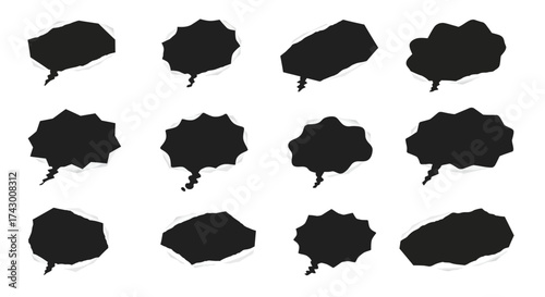 Twelve black speech bubbles appear torn with jagged edges set against a white background