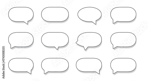 Twelve blank white speech bubbles with various shapes are arranged in a grid formation on a white background