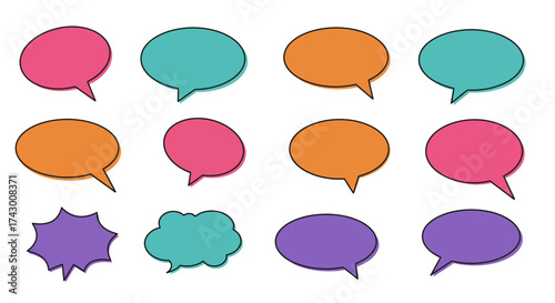 Twelve colorful speech bubbles are arranged in a grid pattern on a white background